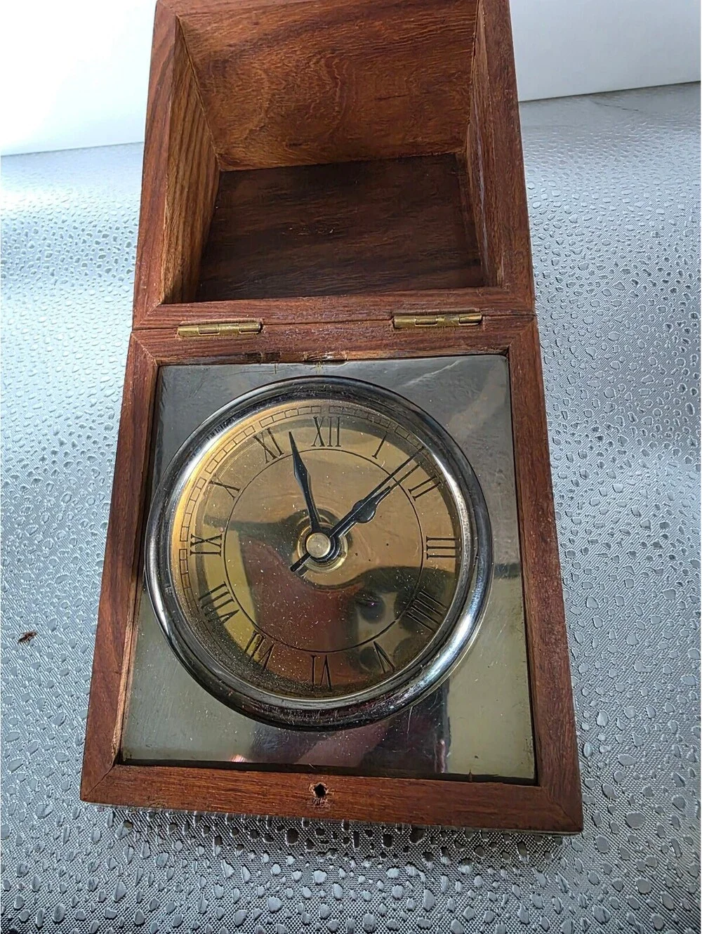 Vintage Wooden Hinged Box Desk Clock Roman Numerals Brass Inlay For Repair